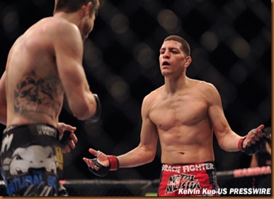 February 4, 2012; Las Vegas, NV, USA; UFC fighter Carlos Condit (left) fights against Nick Diaz (right) during UFC 143 at the Mandalay Bay Events Center. Carlos Codit defeated Nick Diaz. Mandatory Credit: Kelvin Kuo-US PRESSWIRE